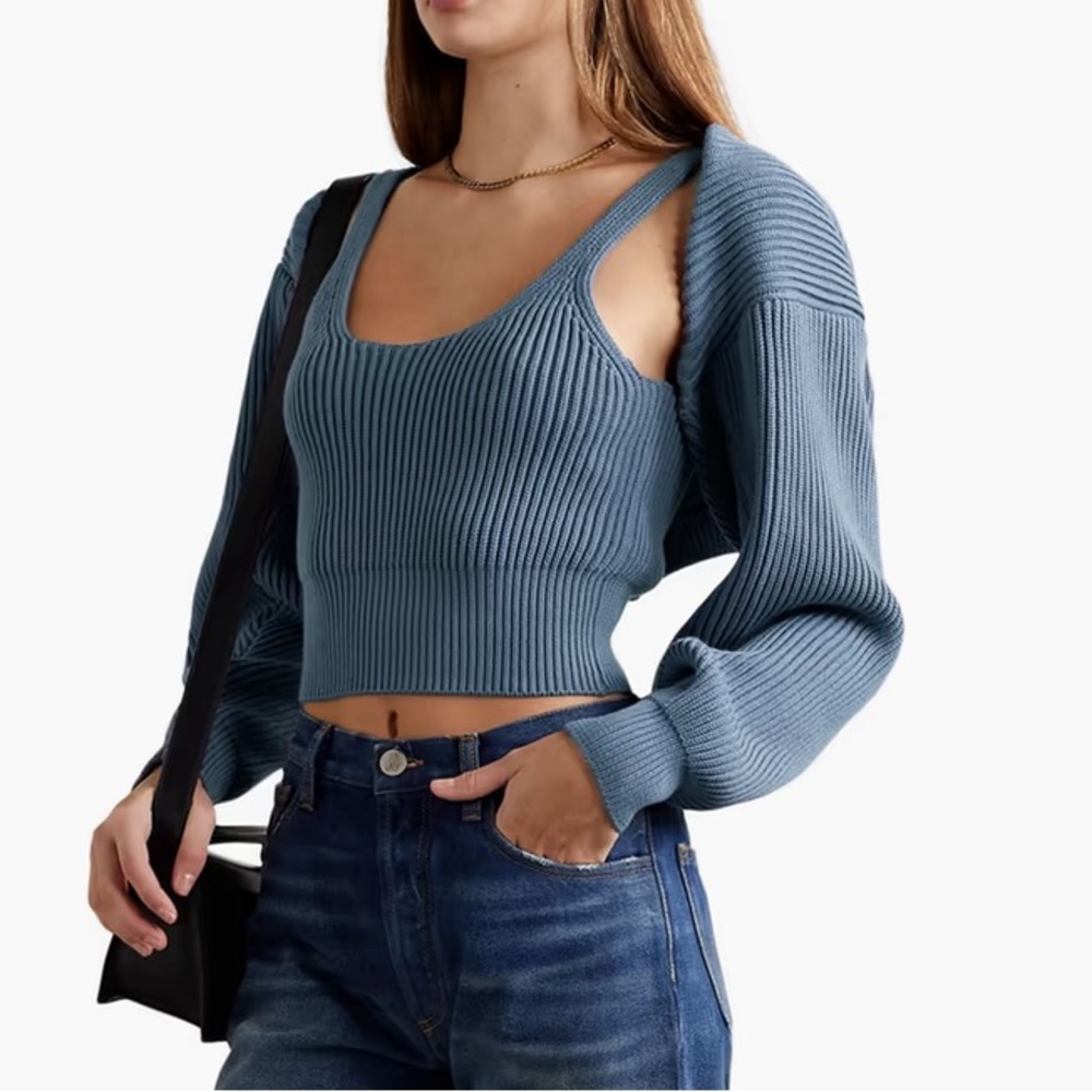 NWOT blue Ribbed Cotton-blend Shrug bolero knit